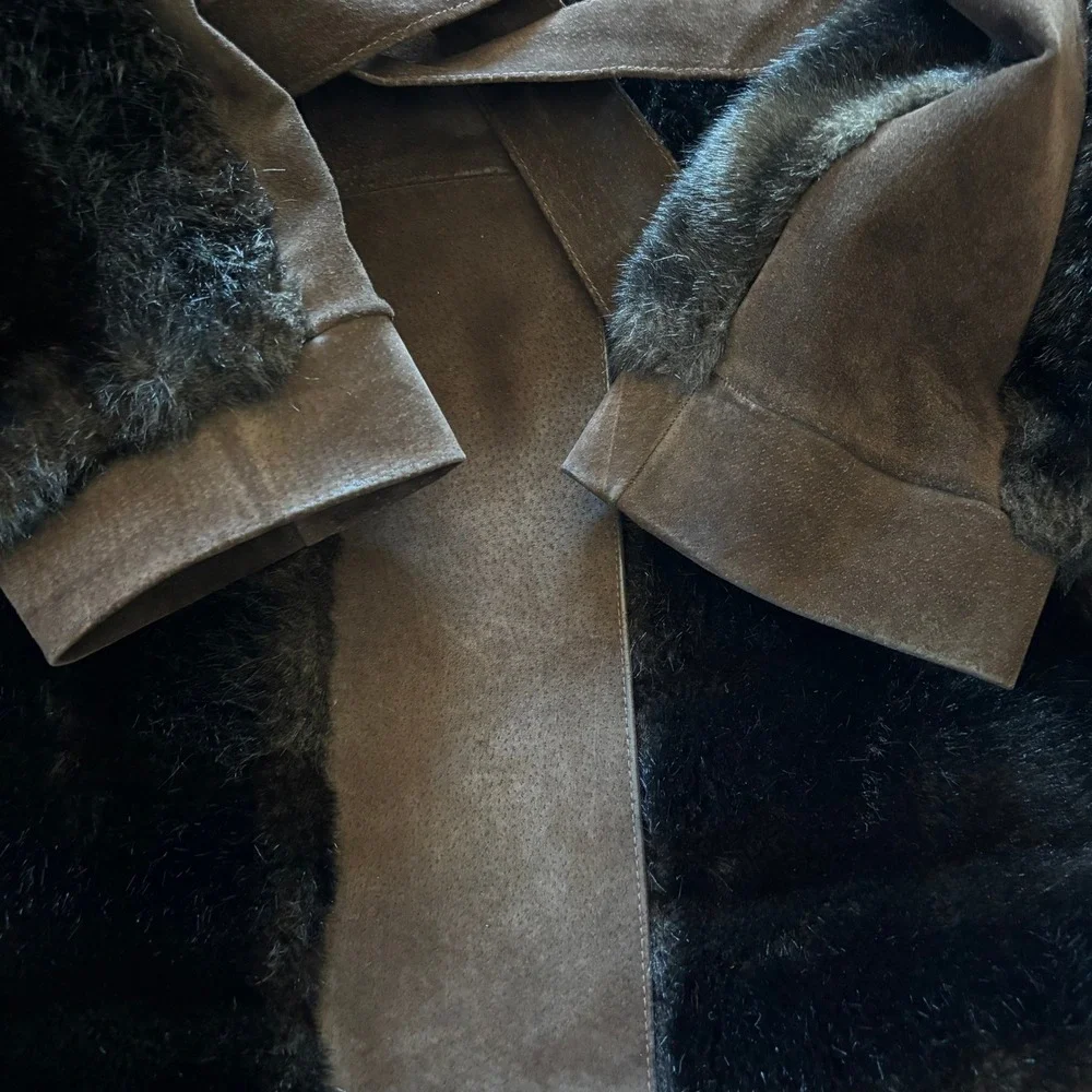Vintage Rosewin Tissavel Brown Faux Fur Suede Belted Mid Coat Jacket Womens M‎ L
